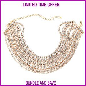 Rhinestone Alloy Choker Necklace Layered Body Chain 12.16+5.5 Inches